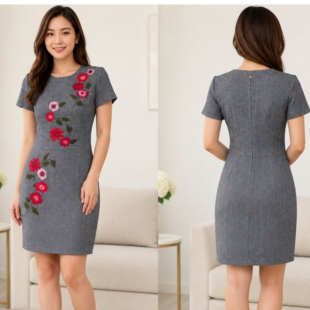 Brooks Brothers Red Fleece Sheath‎ Dress Sz 2 Gray Floral Herringbone Wool Blend